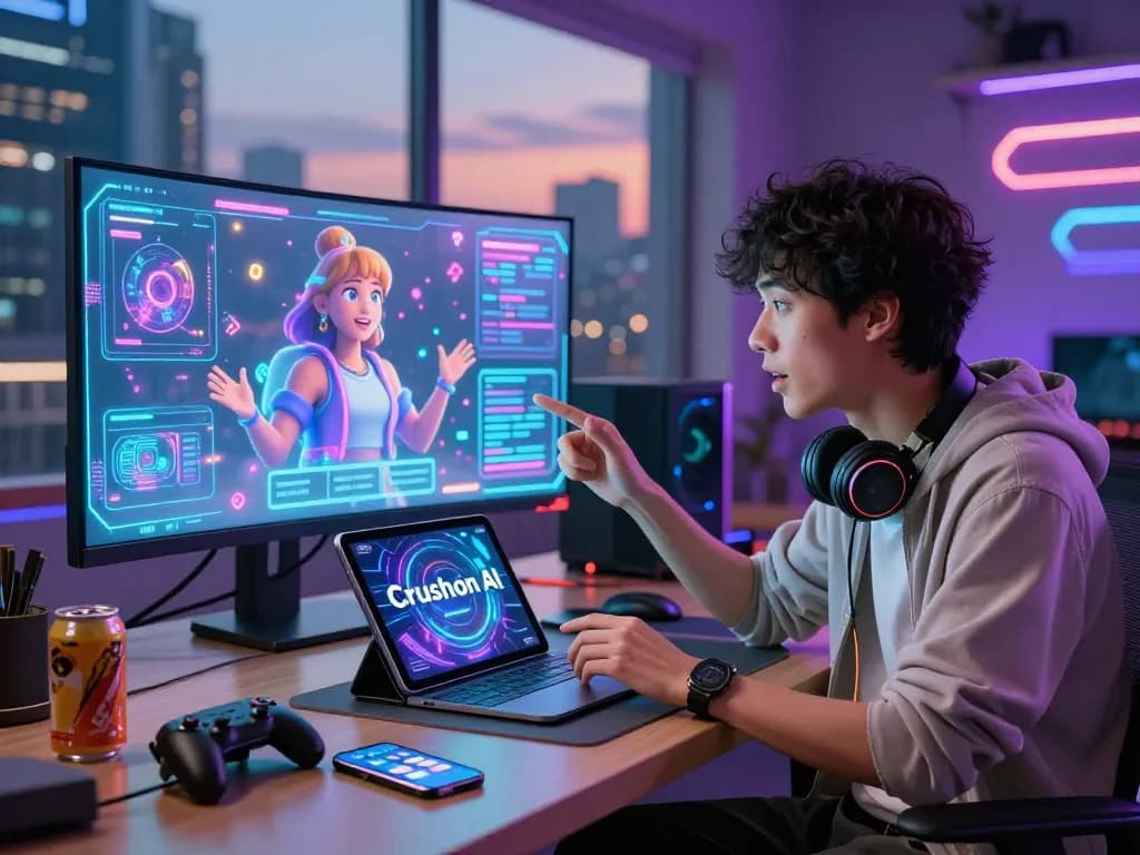 Engaging interaction with Crushon AI amidst futuristic tech ambiance
