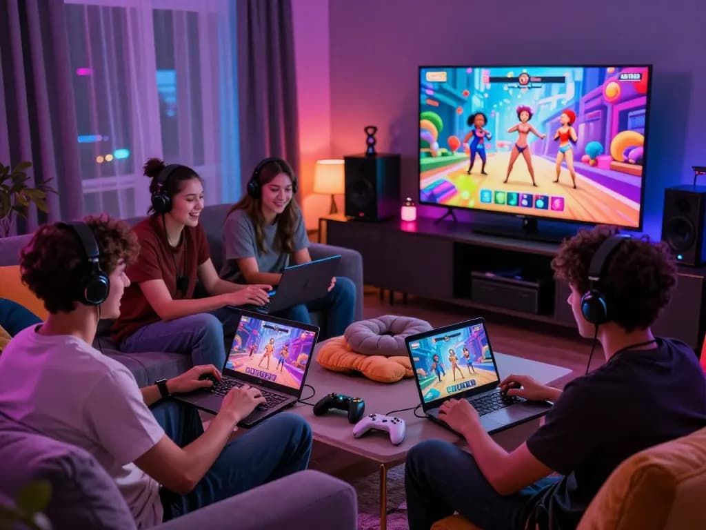 Engaged players enjoying an interactive sex game in a cozy, colorful game room atmosphere.