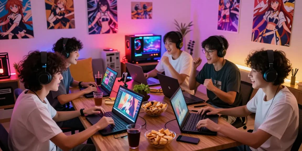 Enjoying fun times playing hentai games online with friends in a cozy room full of snacks and anime decor.