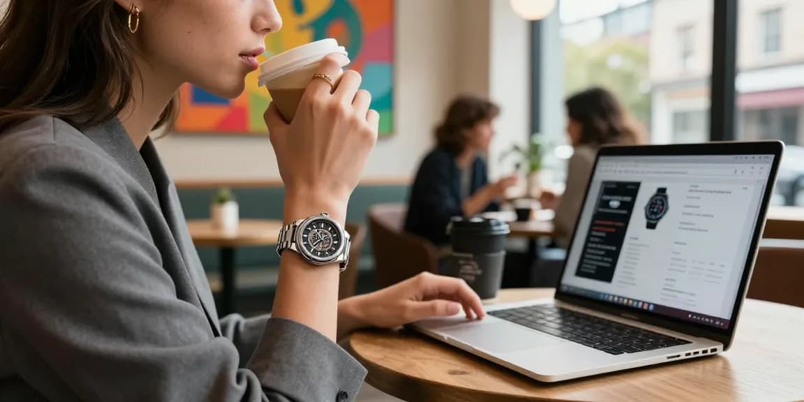 Fashionable individual showcasing a luxury replica watch while enjoying coffee in a trendy café.