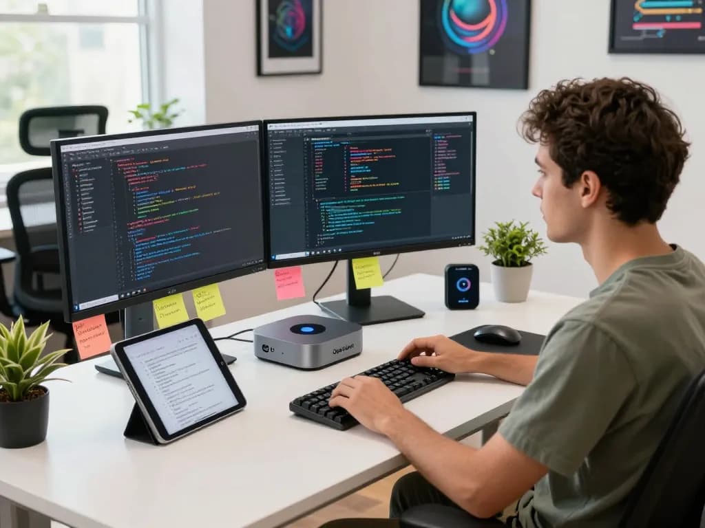 Developer setting up clawbot on Mac mini in a modern tech workspace.
