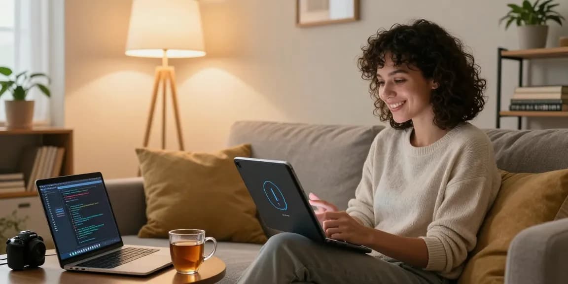Engaging moment with an AI girlfriend chatbot on a tablet in a cozy living room, showcasing modern tech interaction.