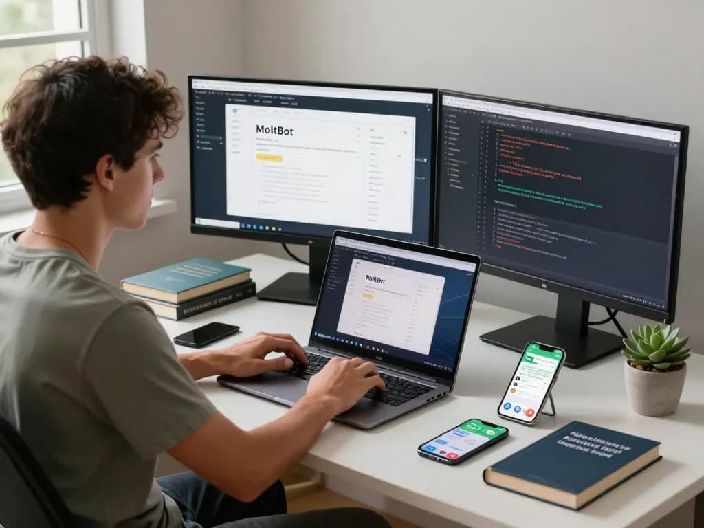 Molt bot in action at a developer's workspace, showcasing productivity and integration with messaging apps.