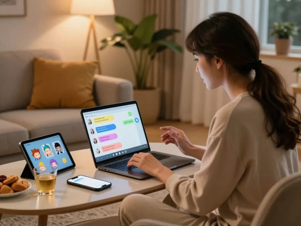 Engaging AI porn chat interaction in a cozy living room with character avatars and a relaxed setting.