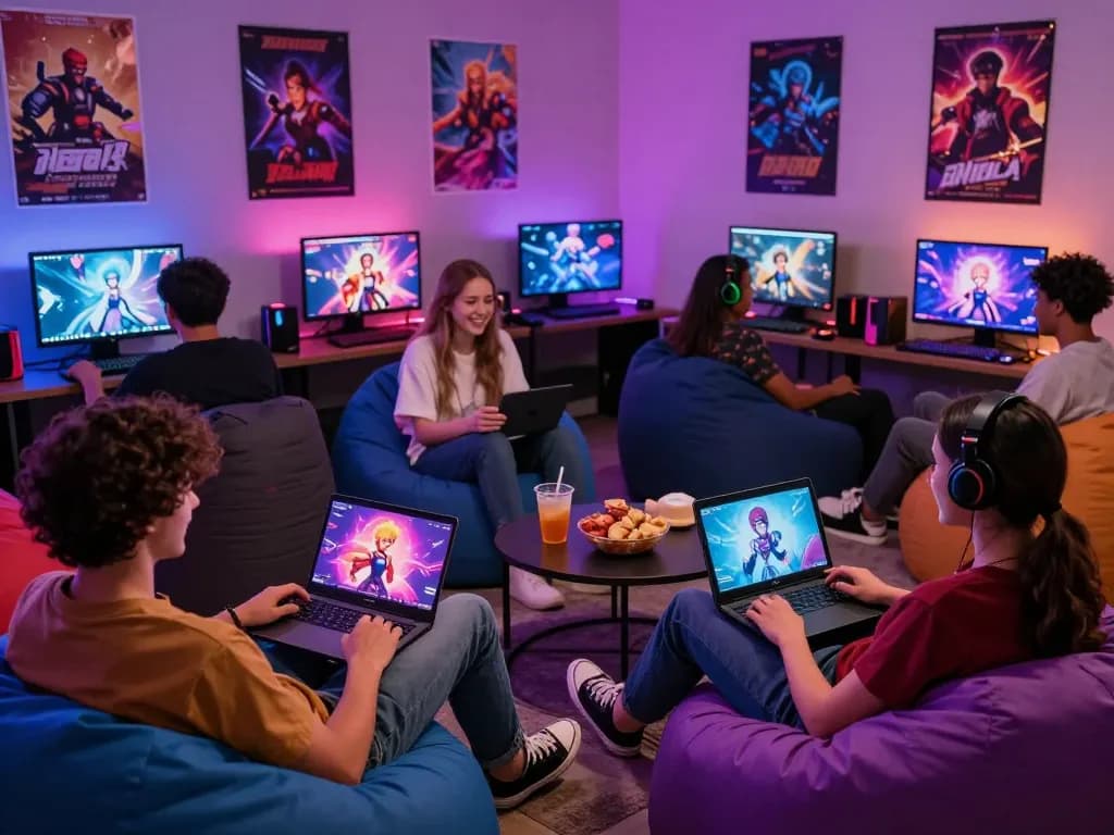 Diverse gamers enjoying interactive porn games in a lively lounge atmosphere