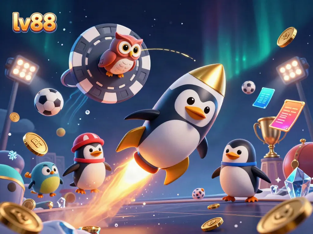Experience the excitement of lv88 with a golden penguin and sports elements in a vibrant casino scene.