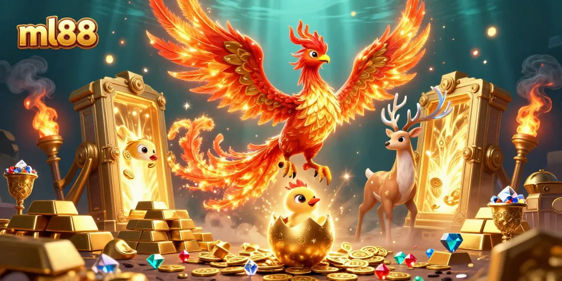 Experience the thrill of ml88 with dynamic 3D illustrations of phoenix and mystical stag amidst riches.
