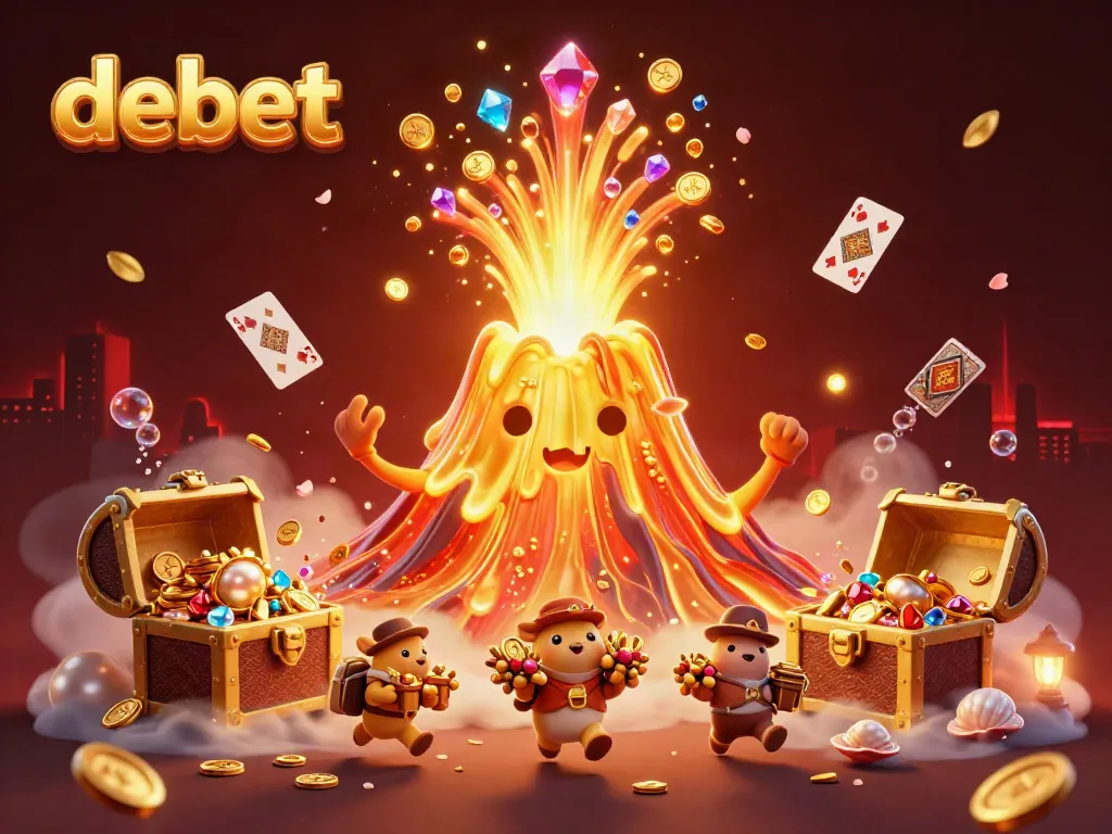Experience the thrill of debet with a volcano erupting treasure in this vibrant casino scene.