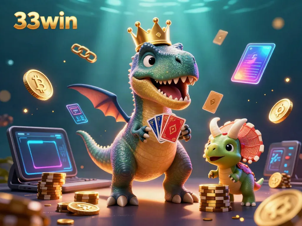 Experience an exciting game at 33win with a T-Rex playing cards and a triceratops stacking chips.
