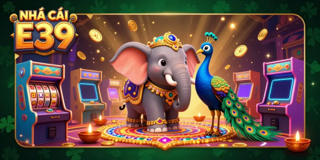 Experience excitement at NHÀ CÁI E39 with casino-themed 3D illustration featuring vibrant gaming elements and characters.