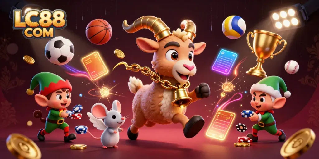 Engage with thrilling gameplay at LC88 COM as festive characters bring excitement to a vibrant casino scene.