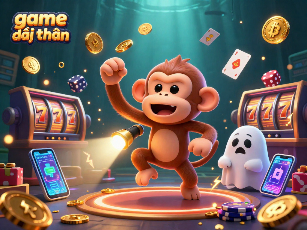 Engage in game đổi thưởng with a whimsical scene of a poltergeist monkey and ghost-hunter puppy amidst slot machines and cryptocurrency elements.
