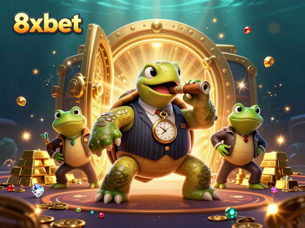 Bet on 8xbet with a unique 3D casino-themed scene featuring cartoon characters and opulent treasures.