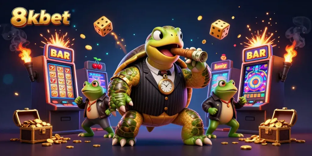 Engage with thrilling 8xbet casino action featuring a cartoon turtle mobster and lucky symbols.