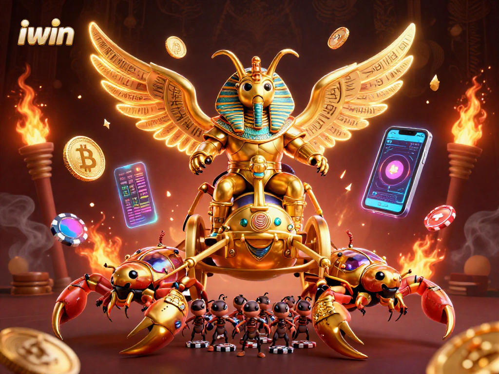 Experience the thrill of iwin with a 3D illustration of a colossal golden scarab beetle leading a chariot in a vibrant casino scene.