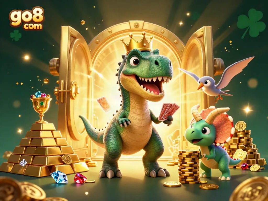 Engage in thrilling gameplay with go8 com featuring a T-Rex and friends amidst gold treasures.