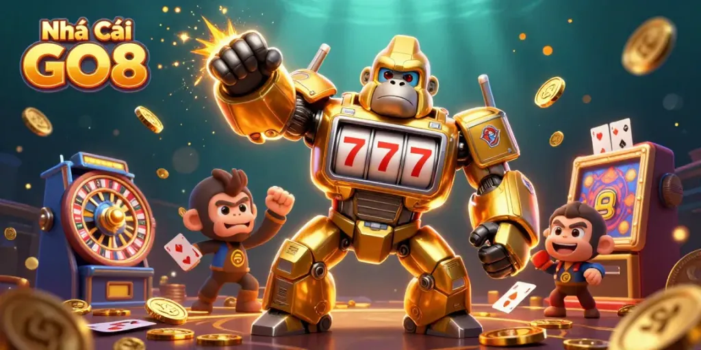 Engaging scene of Nhà Cái GO8 with a golden gorilla mech powered by slot machine parts and dynamic casino elements.