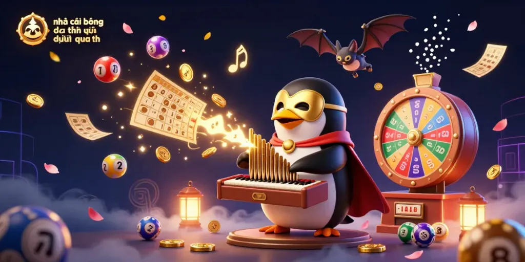Engaging casino scene featuring the penguin character and gambling elements in a vibrant atmosphere, focused on nhà cái bóng đá uy tín được quan tâm.