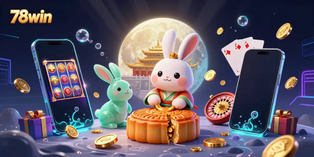 Engage with the 78win casino experience as a magical moon rabbit unearths poker chips amidst vibrant gaming elements.