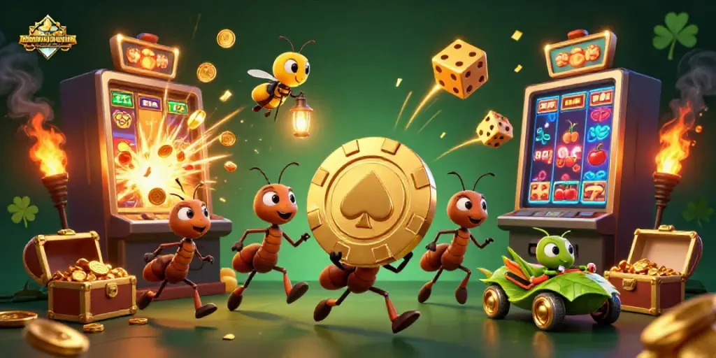 Watch the ants of oldsouthendianhockeyclub carry a giant poker chip amid a swirling casino frenzy.