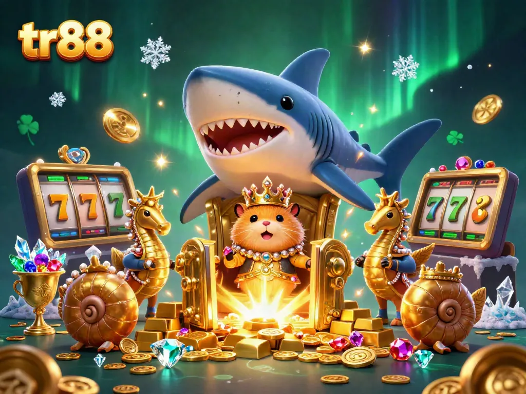 Engaging tr88 casino scene with a golden hamster king and treasure surrounded by slot elements.