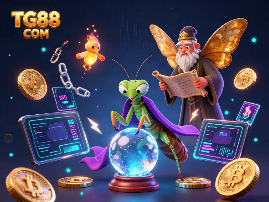 Experience thrilling moments with TG88 COM in this vibrant 3D casino scene including fortune teller and crypto elements.