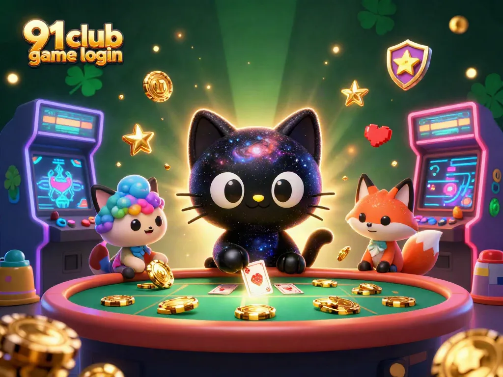 Engage with 91 club game login in a vibrant cosmic casino with enchanting characters and glowing game elements.