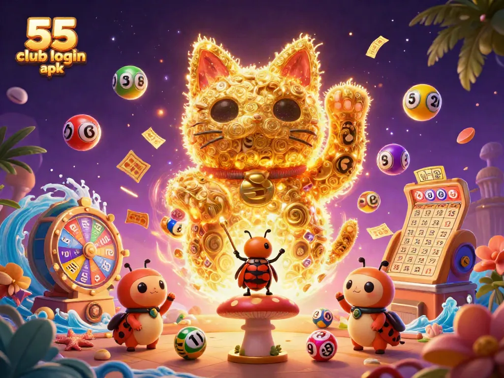 Engage with exciting games at 55 club login apk featuring vibrant lottery elements and a lucky cat.