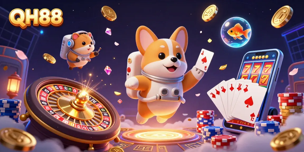 Engage in the thrilling world of QH88 casino with a 3D corgi astronaut, coins, and roulette.
