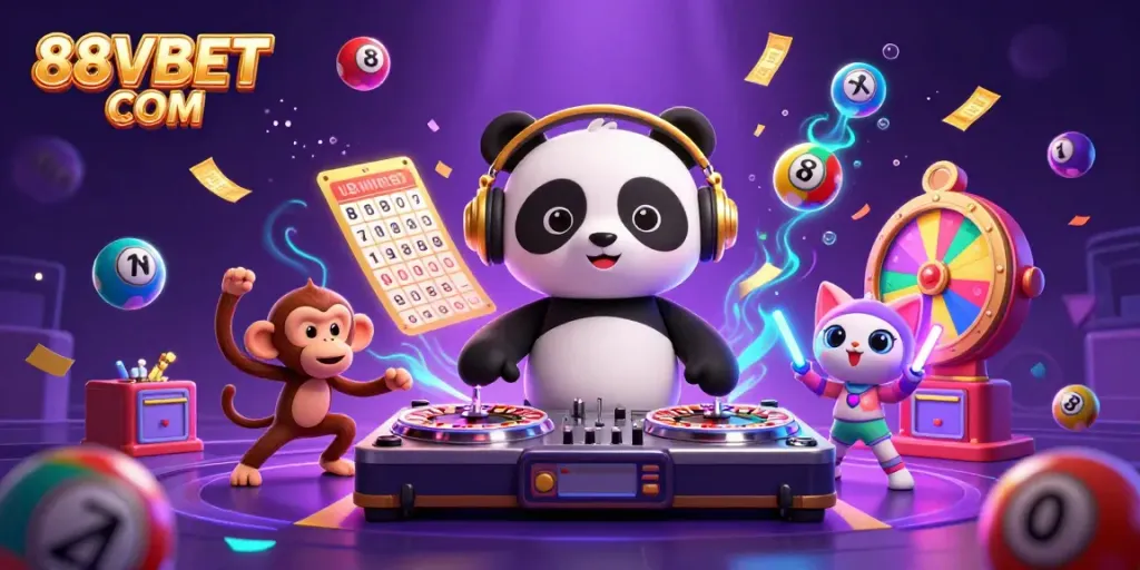Enjoy animated fun with 88VBET COM as DJ panda spins and characters celebrate in a vibrant casino scene.
