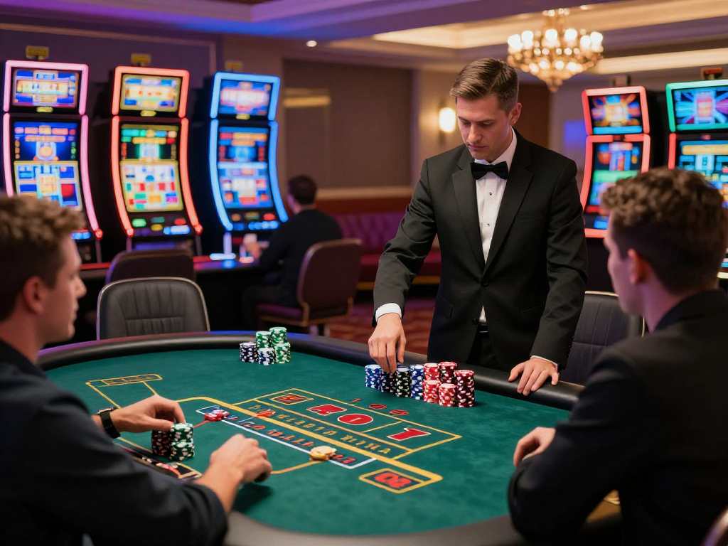 Engaging player at casino table in a vibrant scene, showcasing https://neccr.org.uk trusted non UK casinos experience with lively atmosphere and professional dealers.