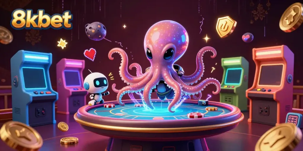 Experience the excitement of 8xbet with a 3D octopus playing poker in a vibrant, dynamic casino scene.