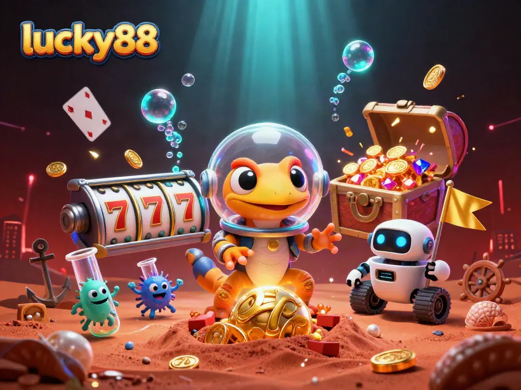 Experience big wins with lucky88 amidst vibrant slot reel action and animated gold treasures.