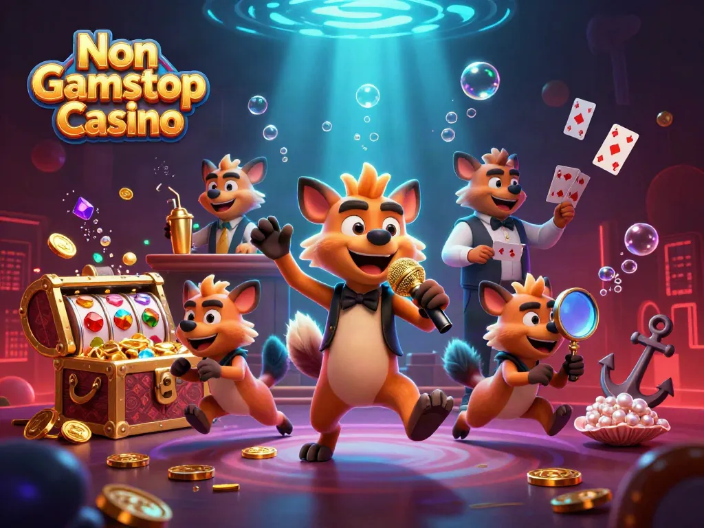 Experience the excitement of Non Gamstop Casino with vibrant hyena characters in a comedy club.