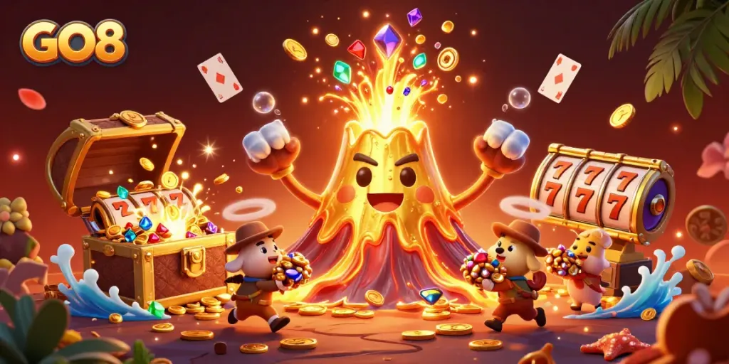 Win big with GO8's vibrant casino scene showcasing epic treasures and gaming adventures.