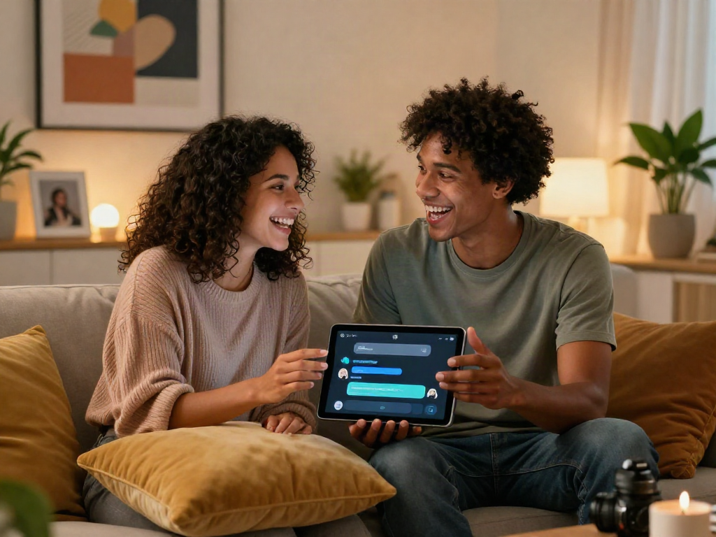 Couple enjoying ai chat porn experience on tablet in cozy studio.