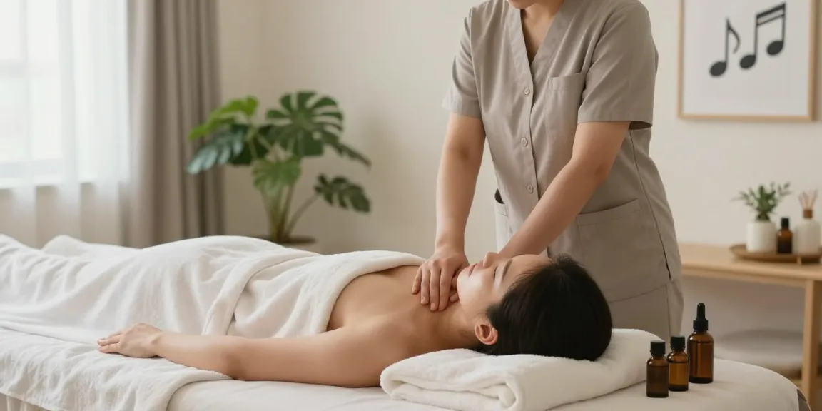 Relaxing therapy session for 은평구출장안마 in a serene home setting with aromatherapy elements.