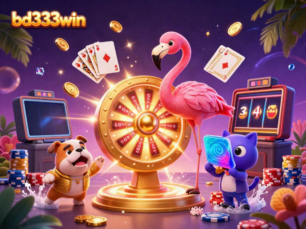 Engage in exciting prizes at bd333win with a dynamic casino-themed illustration featuring vibrant characters and 3D game elements.