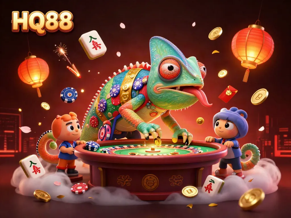 Experience thrilling gaming with HQ88 as a colorful chameleon casino owner ignites luck and excitement.