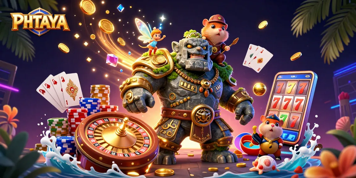 PHTAYA offers a vibrant gaming experience with cascading coins and characters, perfect for immersing in the thrill of online betting.