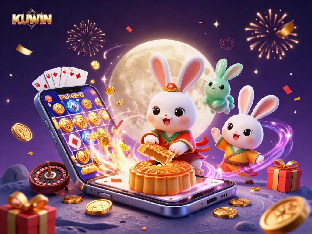 Join KUWIN's thrilling gaming experience, featuring a lively moon rabbit and rich 3D illustrations.