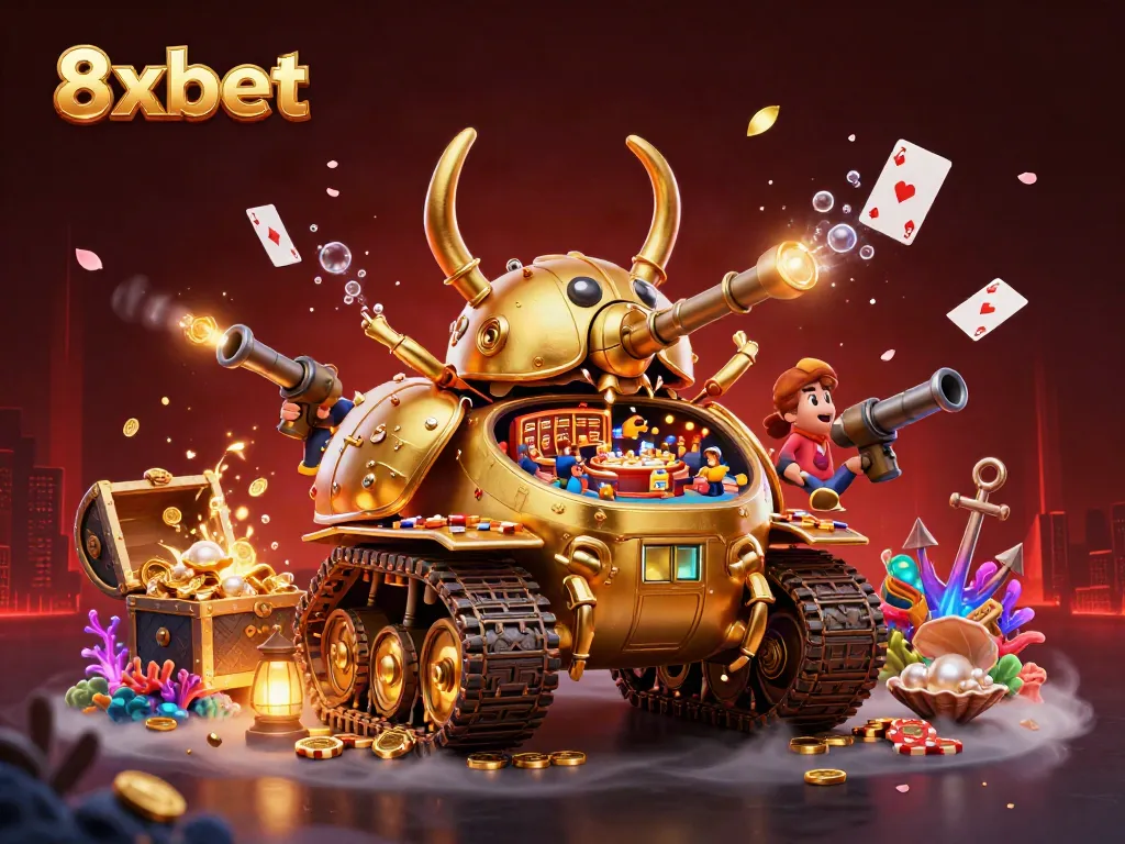 Experience 8xbet's exhilaration in a vibrant 3D casino scene filled with treasure and action.
