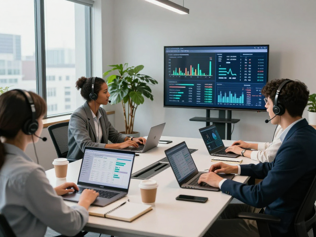 Team analyzing IDXSTAR analytics in a modern office during a virtual meeting with data visualizations.