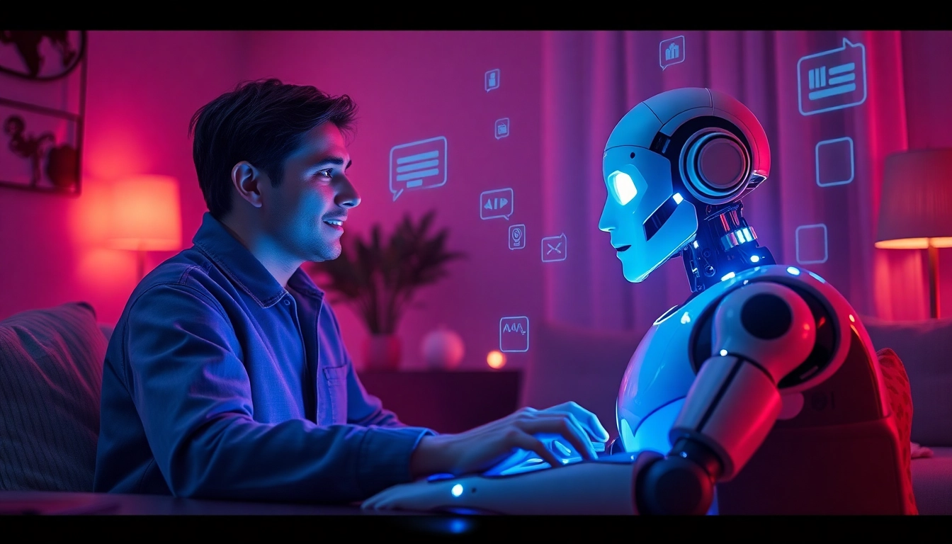 Engaging interaction with a lifelike sex chat AI in an ambient tech environment.