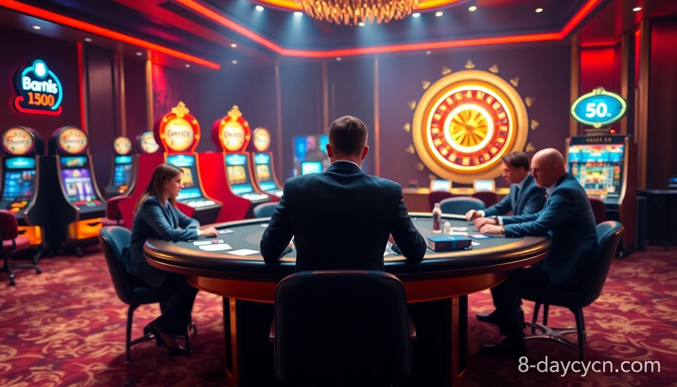 High-stakes poker action at 8day.cn.com casino with vibrant slot machines and roulette.
