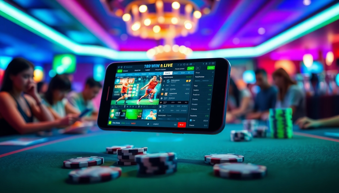 Engaging scene of online betting on 98winwin.live, featuring a smartphone, casino elements, and a vibrant atmosphere.