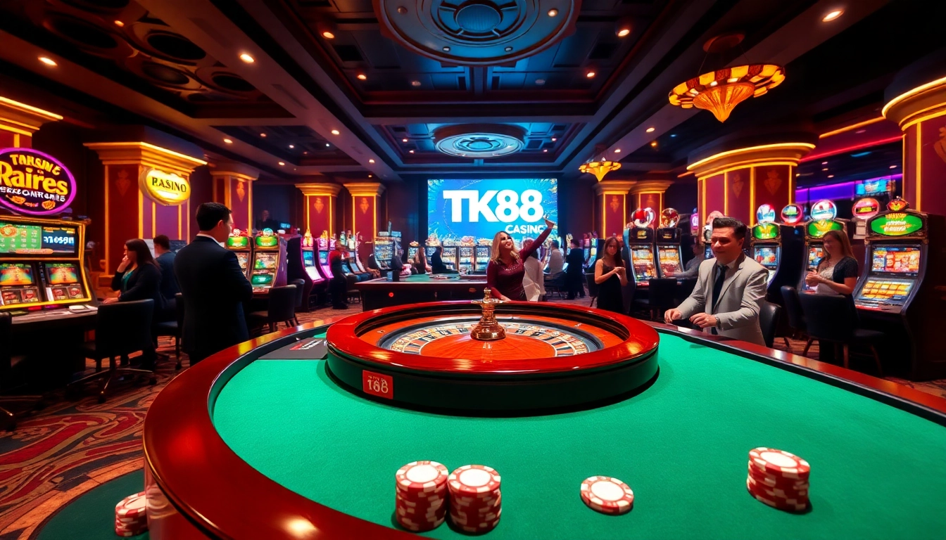Engage with the excitement of TK88 Casino with players at a luxurious gaming table, capturing the thrill of high-stakes gambling.
