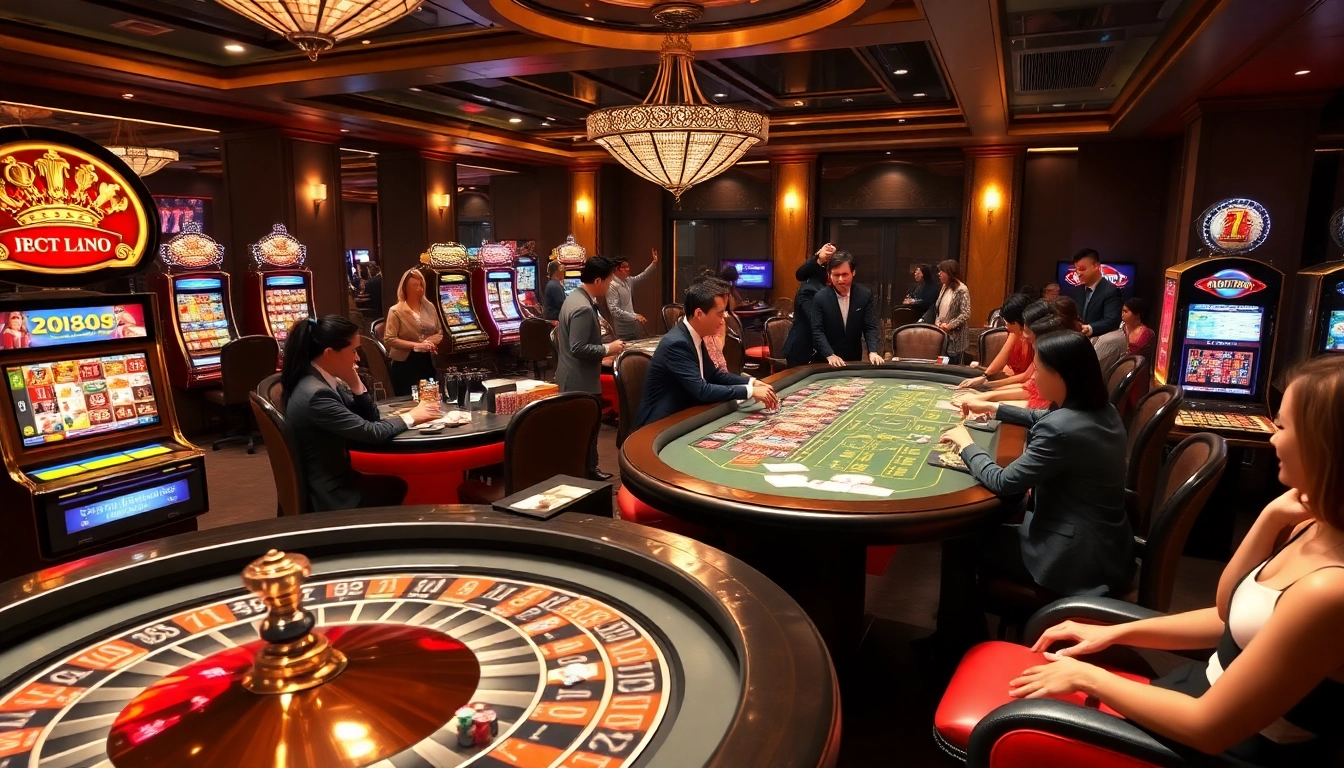 Experience high-stakes excitement at J88 casino with vibrant slot machines, engaging dealers, and thrilling poker tables.