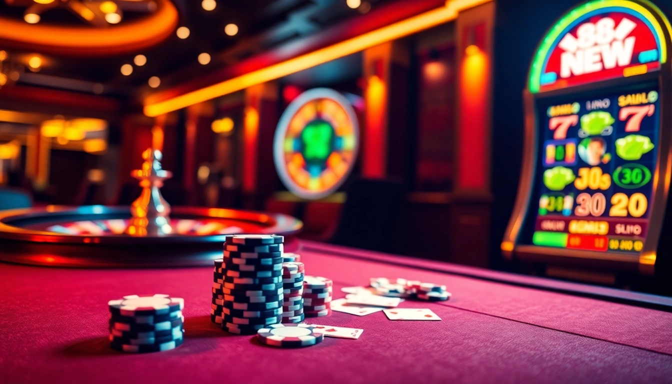 Exciting scene of online gambling with 888NEW poker chips and a roulette wheel.