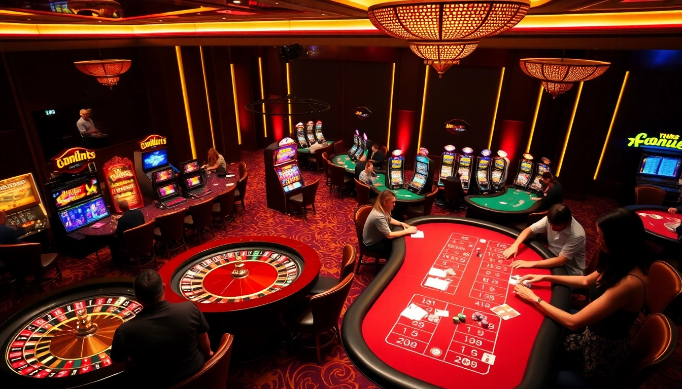 Engaged players enjoying various games at NK88 casino, showcasing excitement and strategy in a luxurious setting.